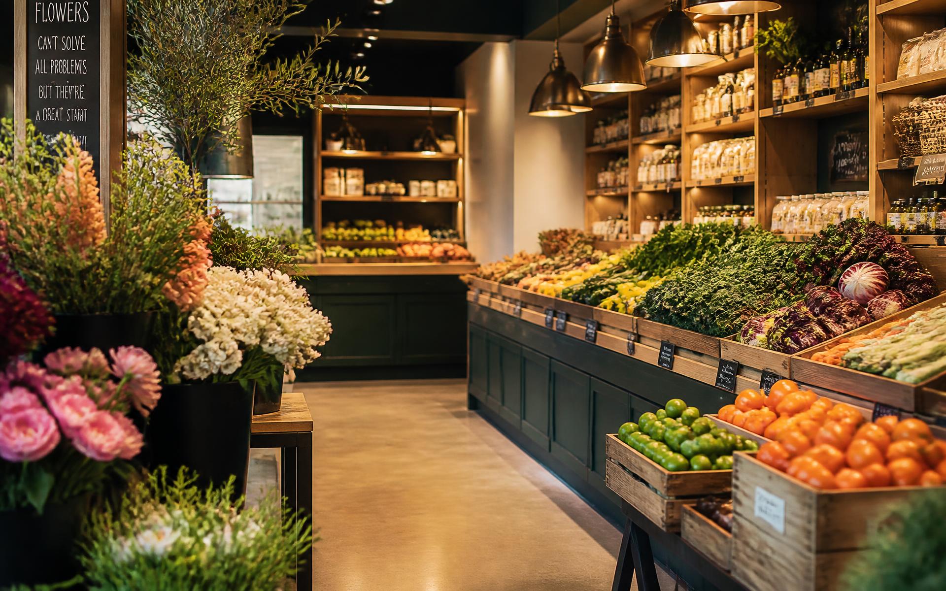 Interior of ANLO Meat & Produce with fresh produce crates, flowers, and oak shelving